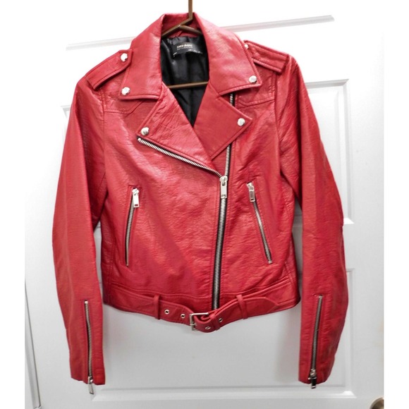 Zara Vegan Moto Biker Jacket Coat‎ Belted Red Silver Studs size Small - Picture 1 of 4